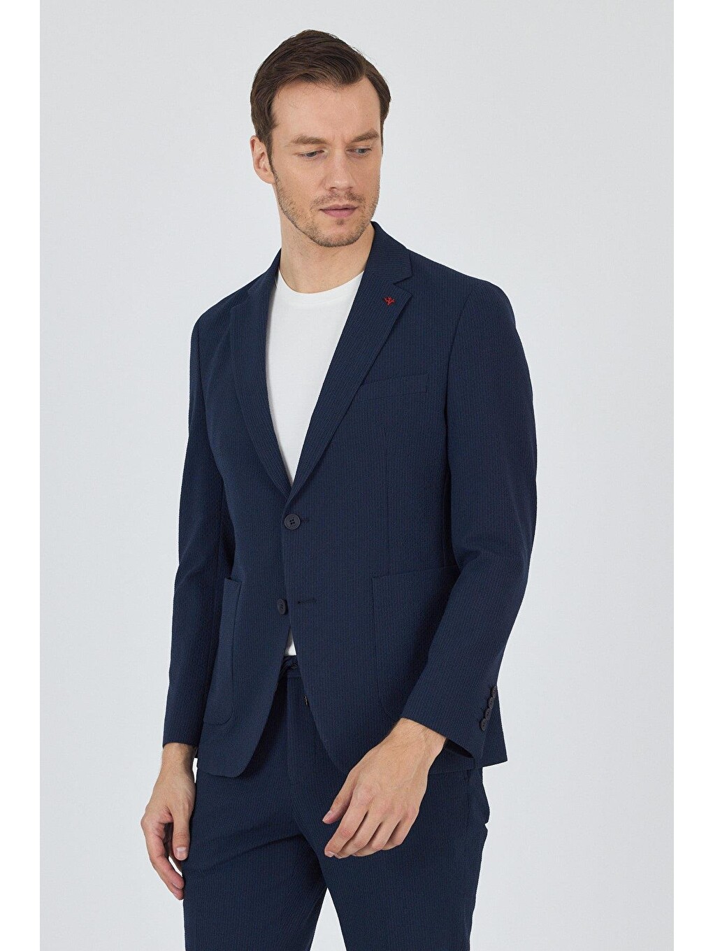 Koyu Lacivert Gofreli Mono Yaka Esnek 6 Drop Slim Fit Classic Takım Elbise 1001250117-2