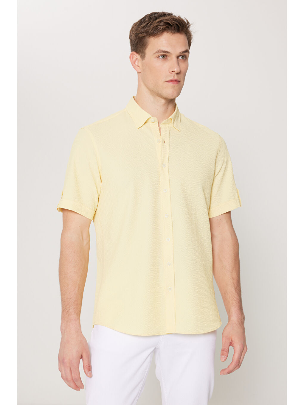 Erkek Sarı Slim Fit Dar Kesim Gizli Düğme Yaka Kısa Kollu Gömlek-2