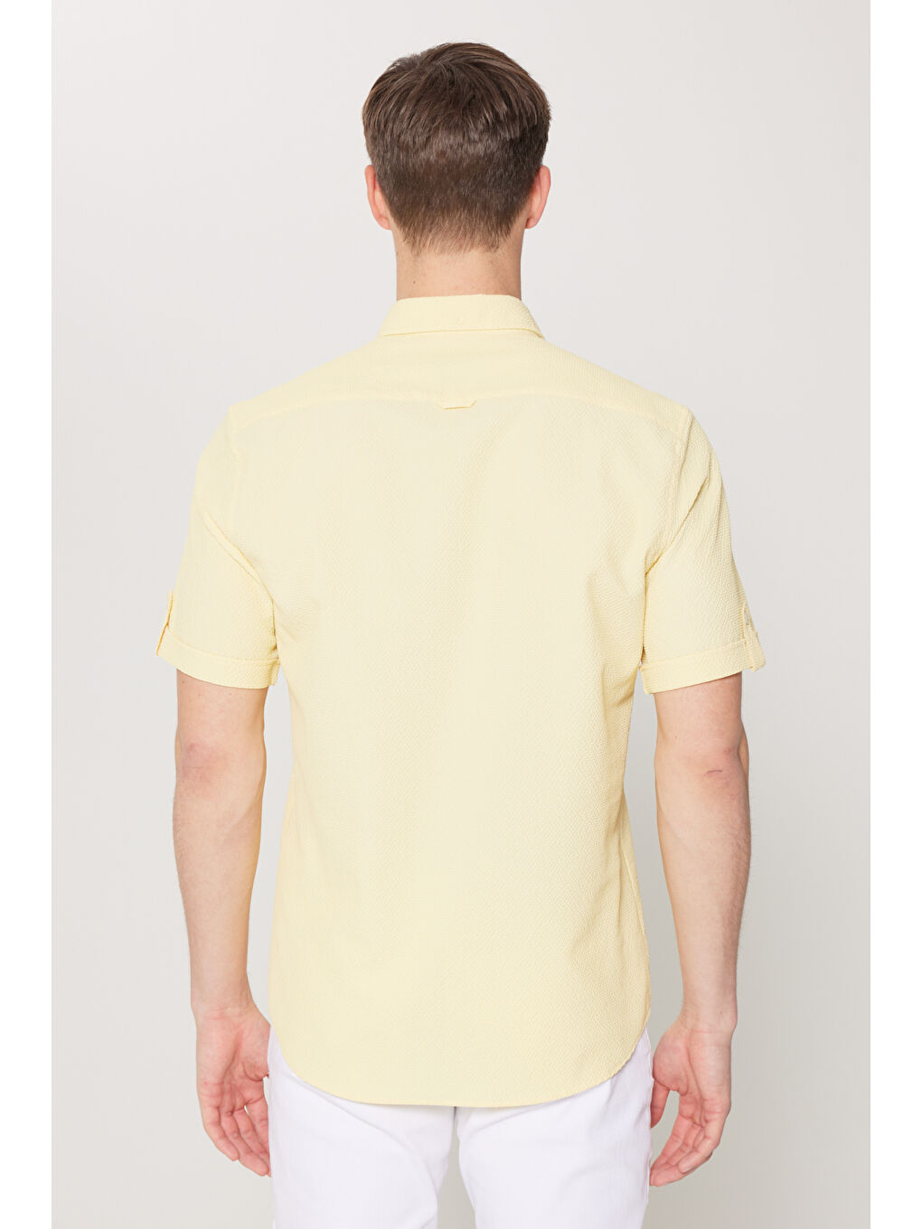 Erkek Sarı Slim Fit Dar Kesim Gizli Düğme Yaka Kısa Kollu Gömlek-5