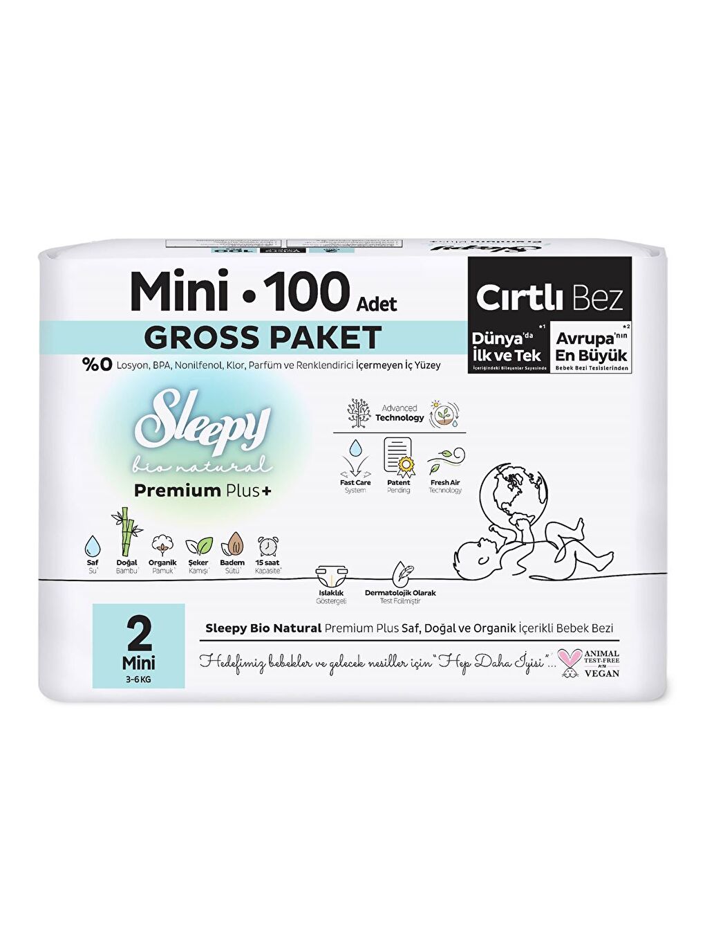 Sleepy Beyaz Bio Natural Premium Plus Gross Paket Bebek Bezi 2 Numara Mini 100 Adet - 1