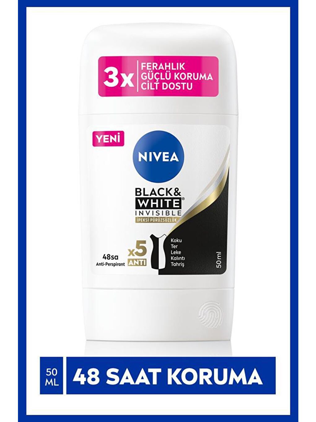 NIVEA Kadın Stick Deodorant Black&White Invisible Ipeksi Pürüzsüzlük 48 Saat Anti-Perspirant Koruma, 50 ml