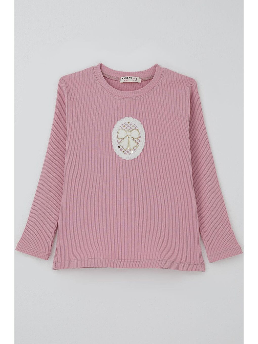 Pembe Kız Çocuk Uzun Kollu Tişört Vintage Dantel Fiyonk Aplikeli Gülkurusu (5-10 Yaş)