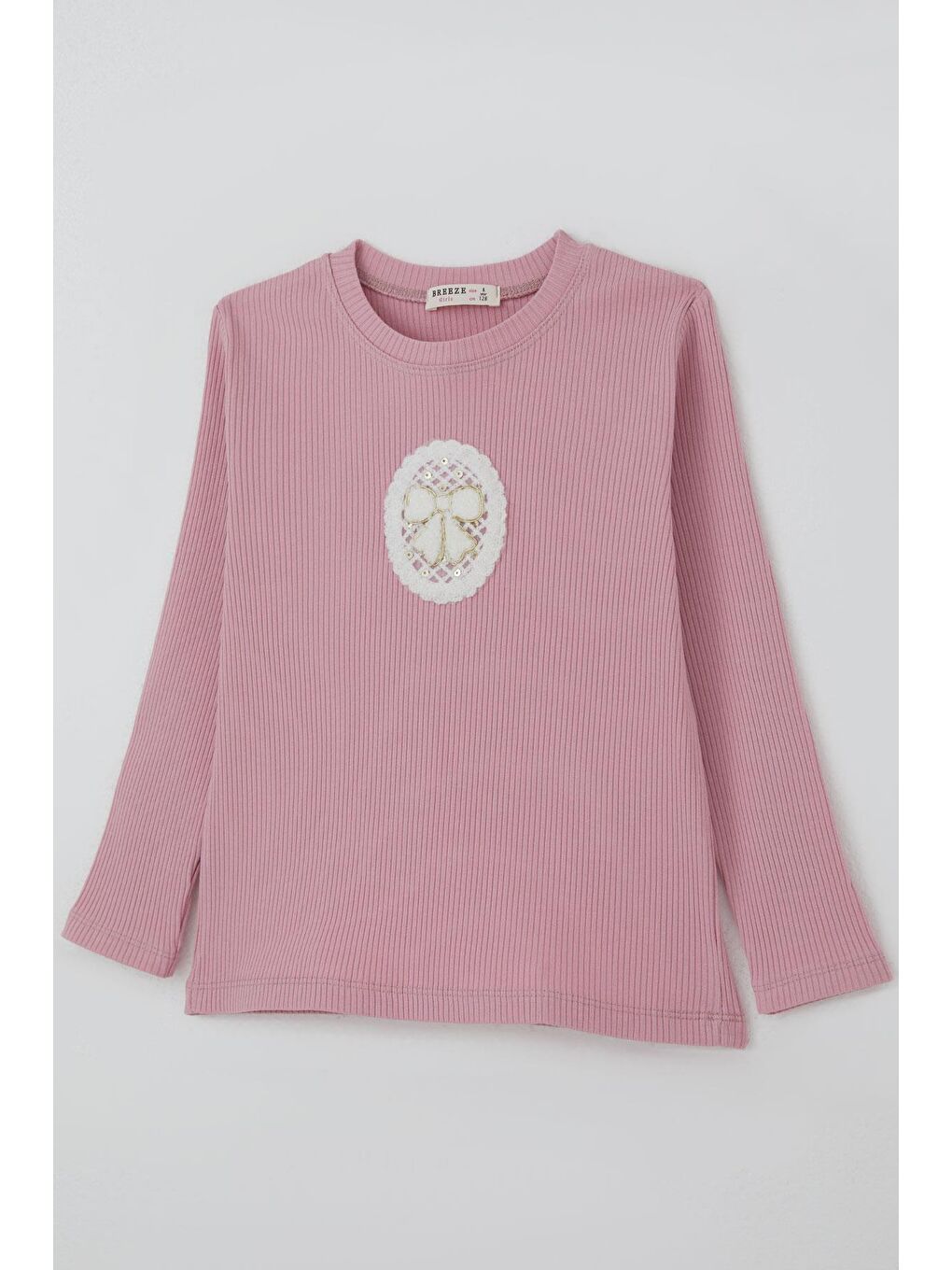 Pembe Kız Çocuk Uzun Kollu Tişört Vintage Dantel Fiyonk Aplikeli Gülkurusu (5-10 Yaş)-2