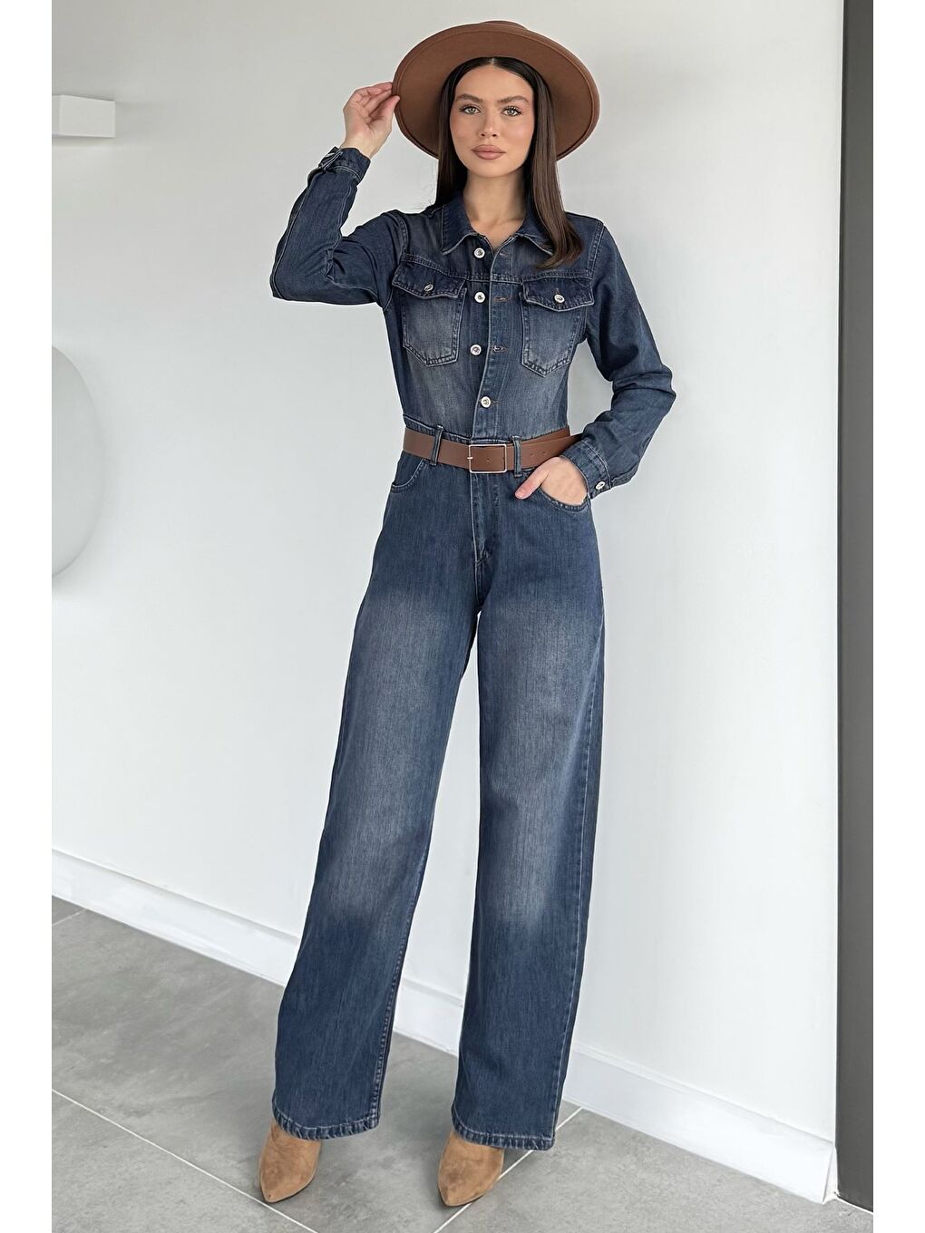 Lacivert Kadın Uzun Kol Jean Jean Tulum