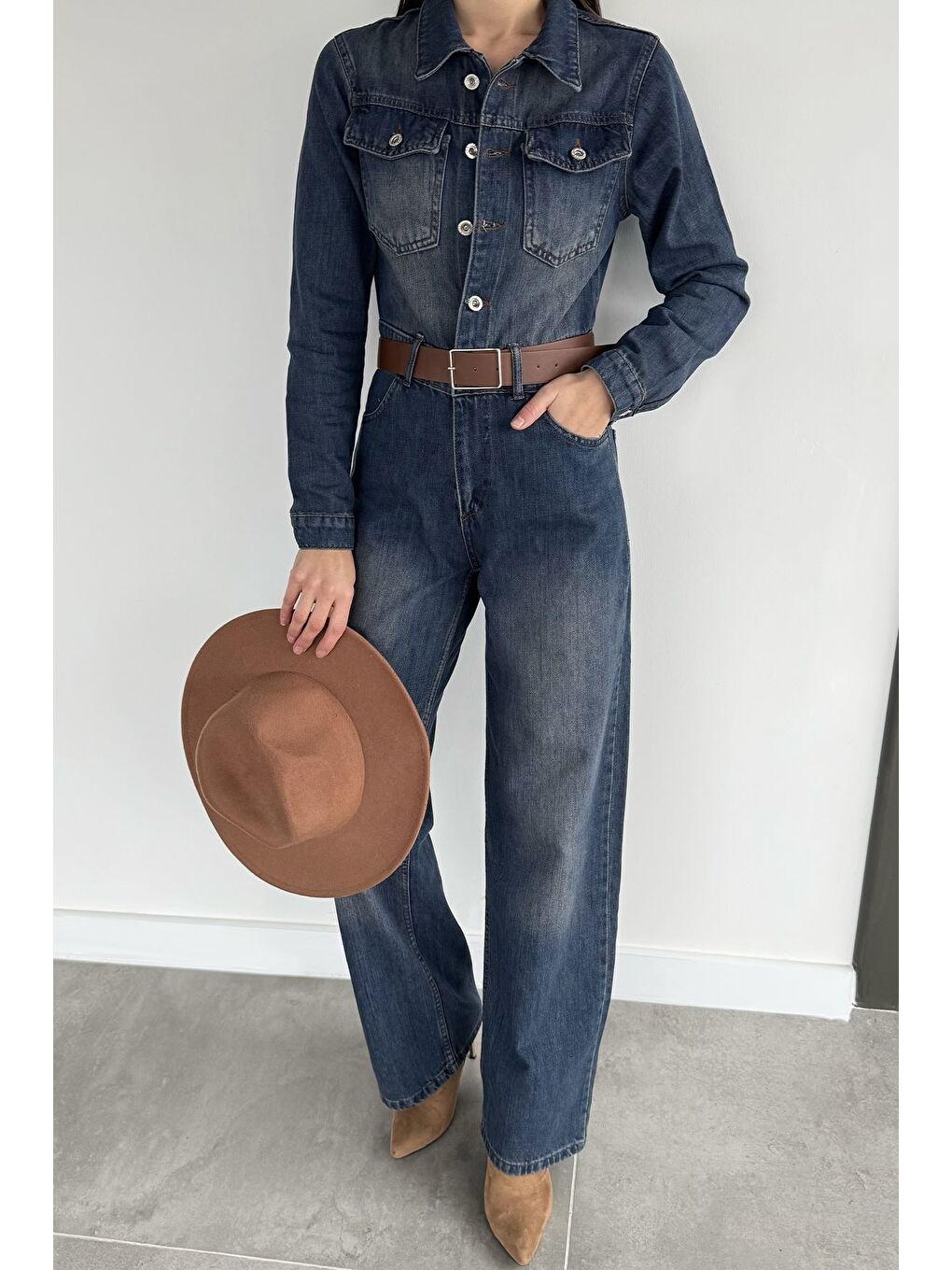 Lacivert Kadın Uzun Kol Jean Jean Tulum-1