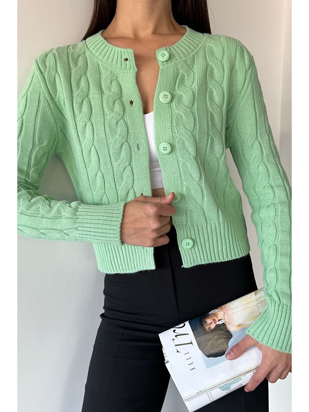 Yeşil Örgü Desenli Kadın Triko Hırka (s,m,l Uyumludur)-1