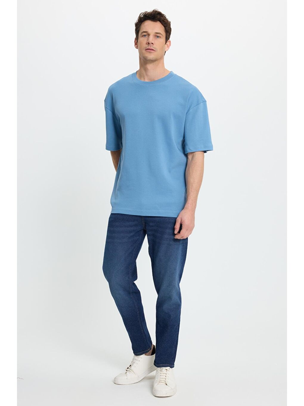 Unisex Oversize Geniş Kesim %100 Pamuk Yumuşak Dokulu Basic Bisiklet Yaka İndigo Tişört-3