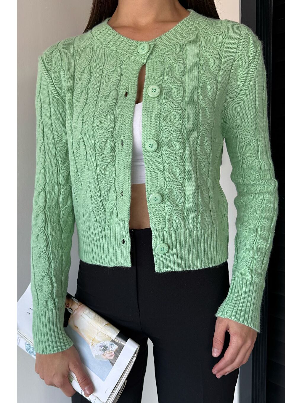 Yeşil Örgü Desenli Kadın Triko Hırka (s,m,l Uyumludur)-2