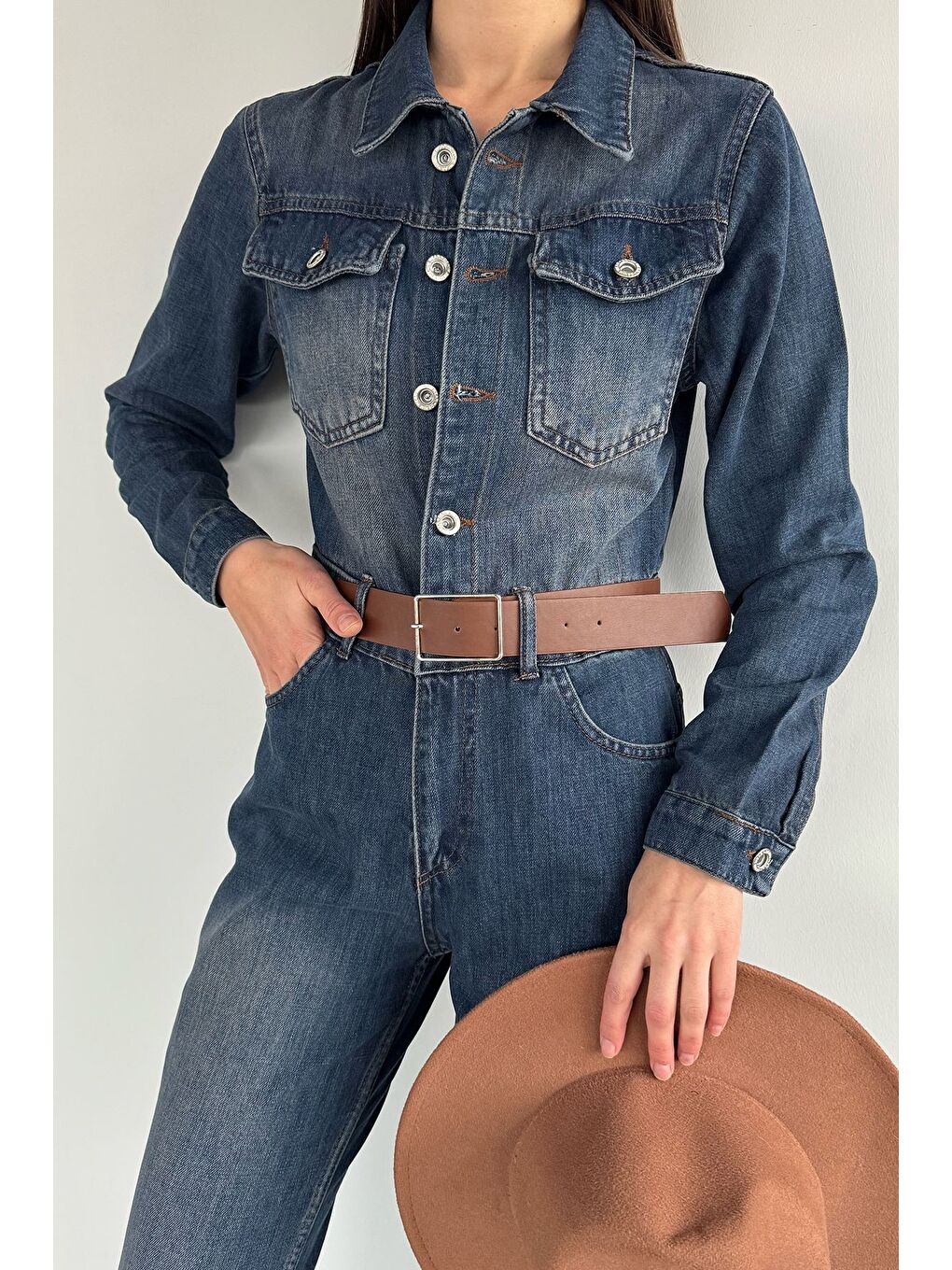 Lacivert Kadın Uzun Kol Jean Jean Tulum-2