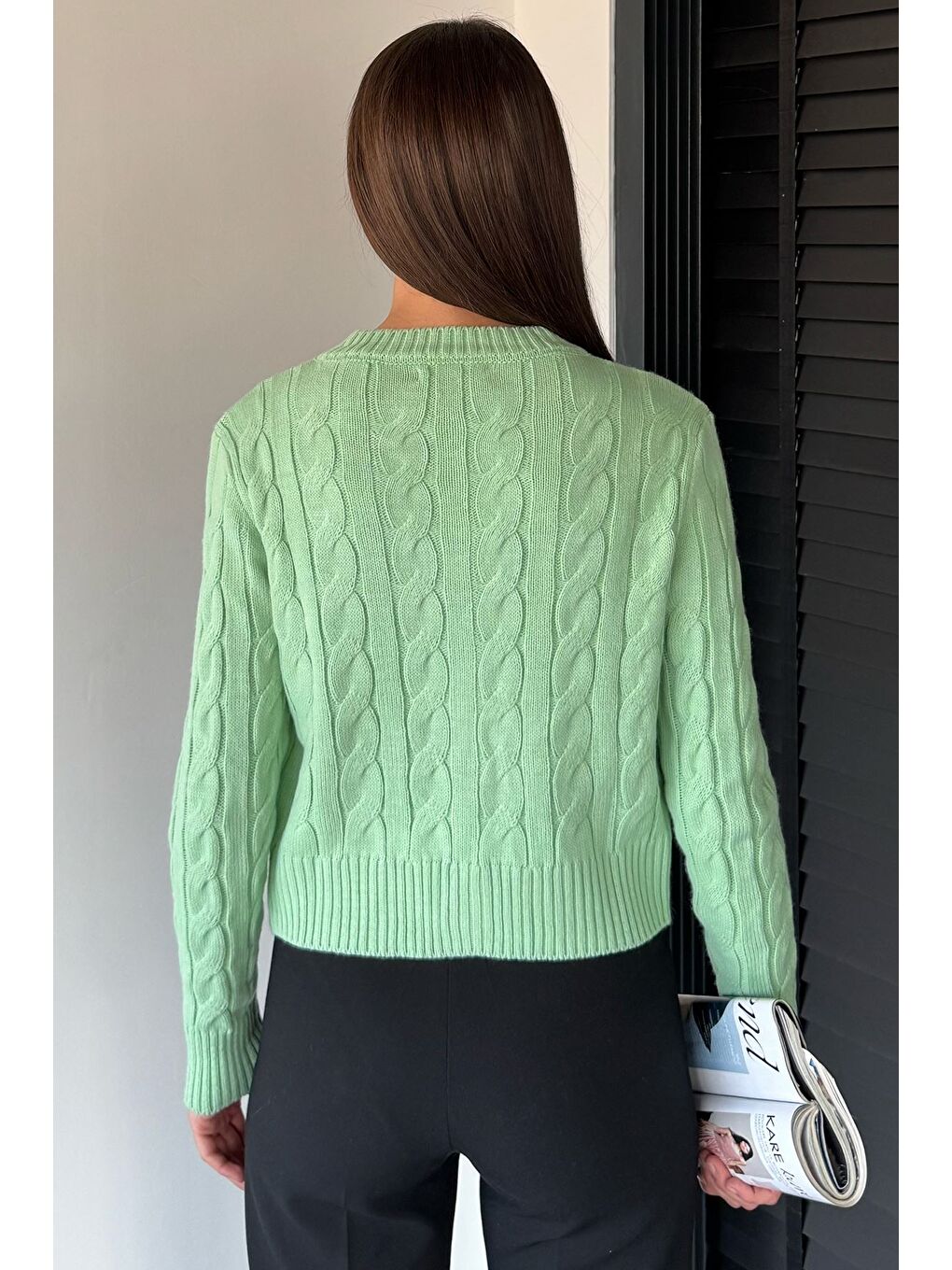 Yeşil Örgü Desenli Kadın Triko Hırka (s,m,l Uyumludur)-3