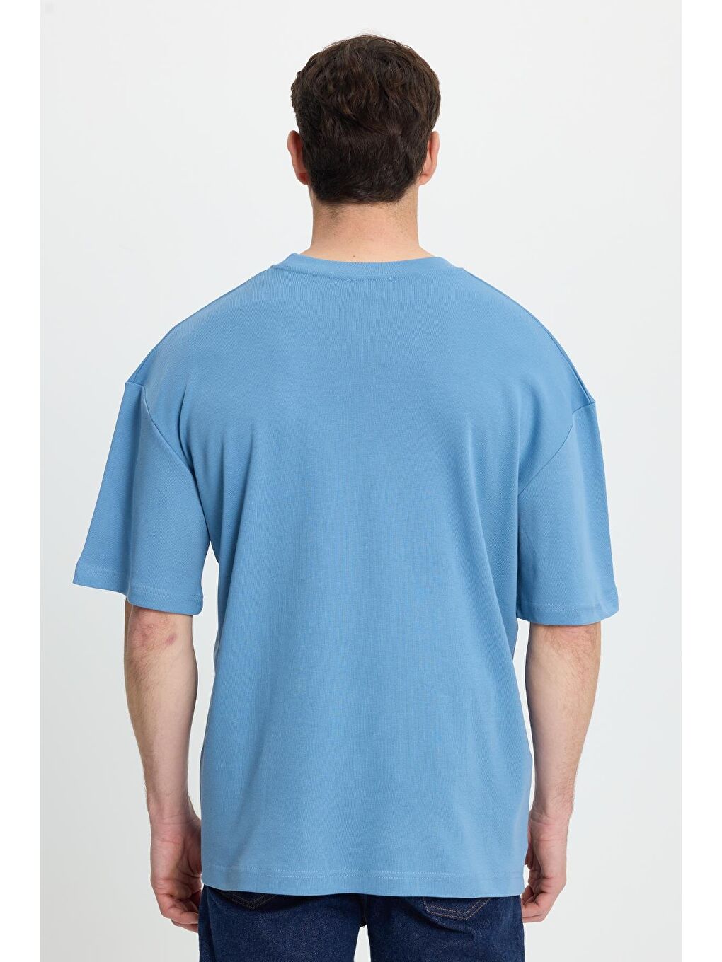 Unisex Oversize Geniş Kesim %100 Pamuk Yumuşak Dokulu Basic Bisiklet Yaka İndigo Tişört-5