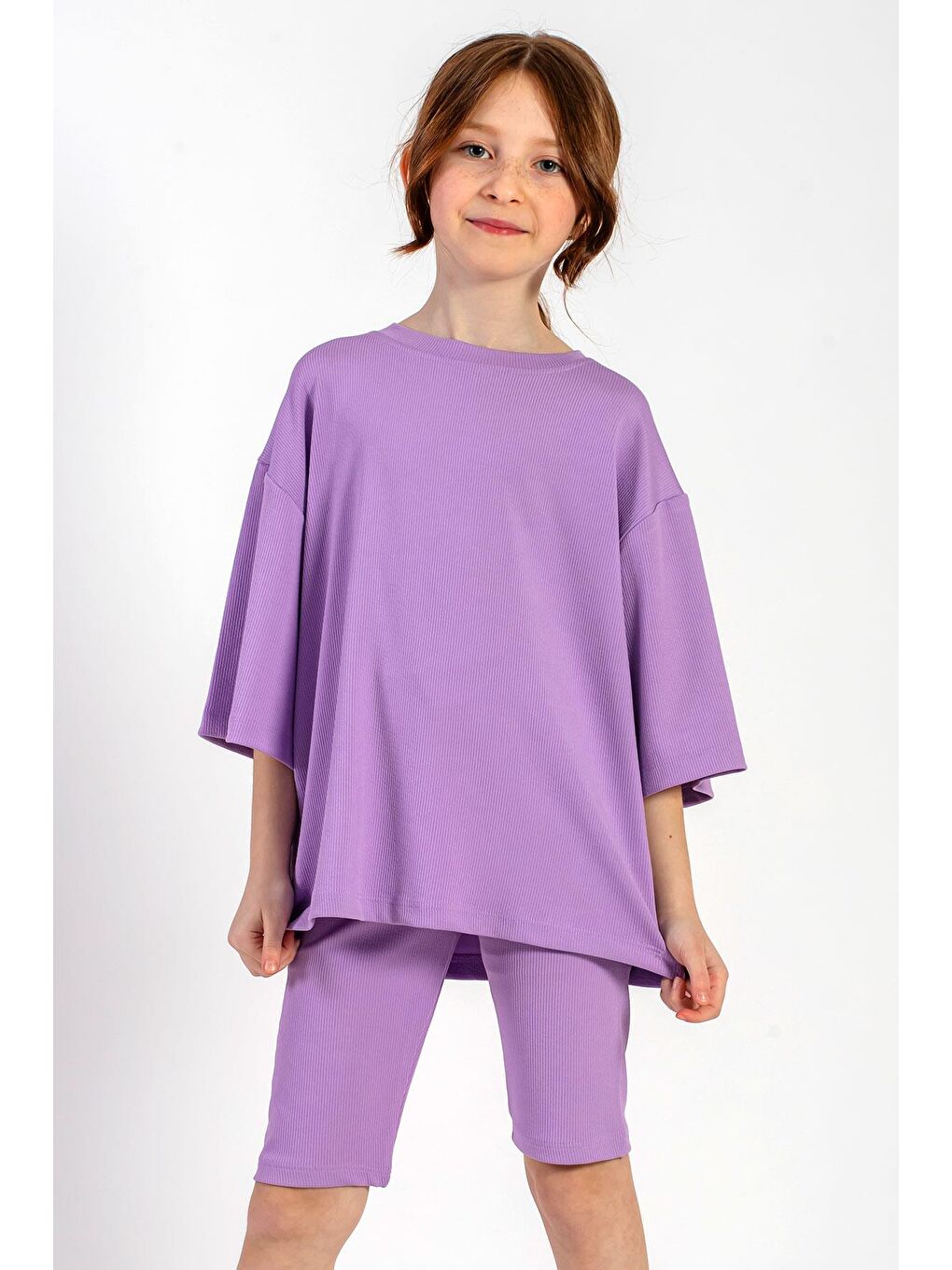 Bisiklet Yaka Kısa Kol Fitilli Oversize Lila Renk Kız Çocuk Taytlı Takım