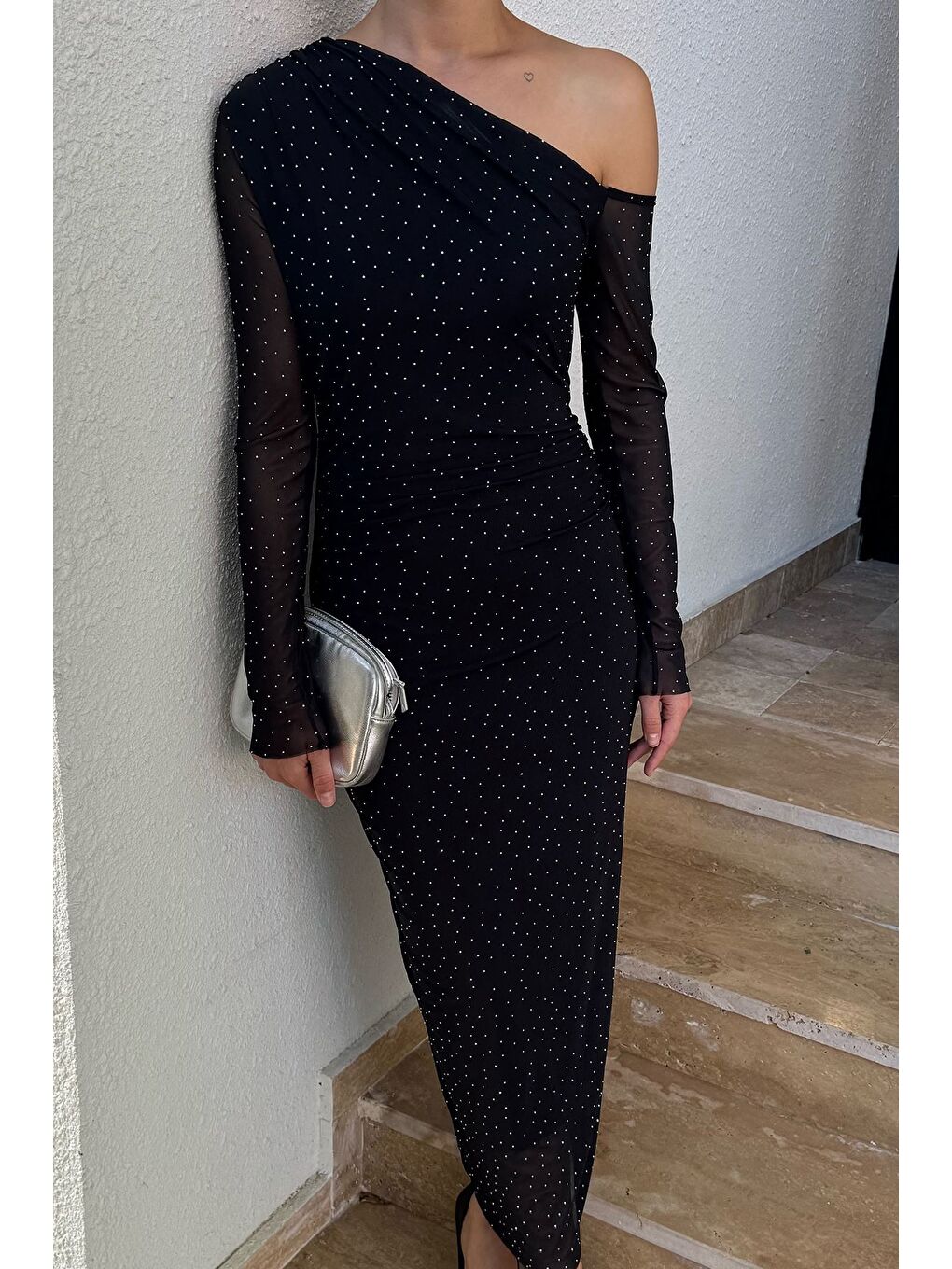 Siyah Kadın Astarlı Taşlı Tül Elbise-1