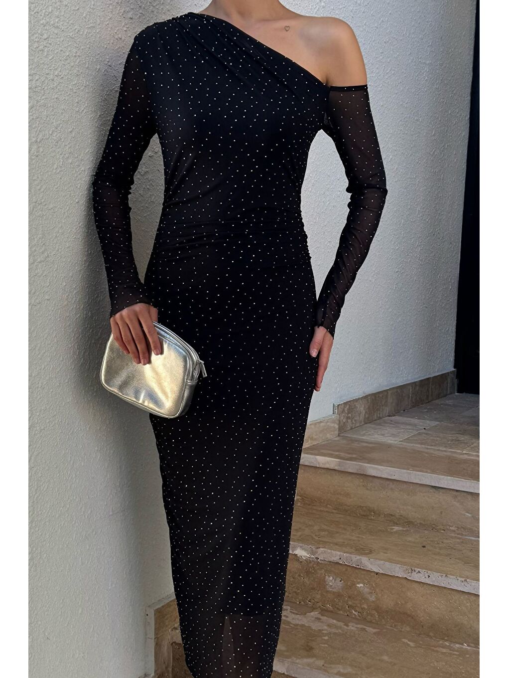 Siyah Kadın Astarlı Taşlı Tül Elbise-2