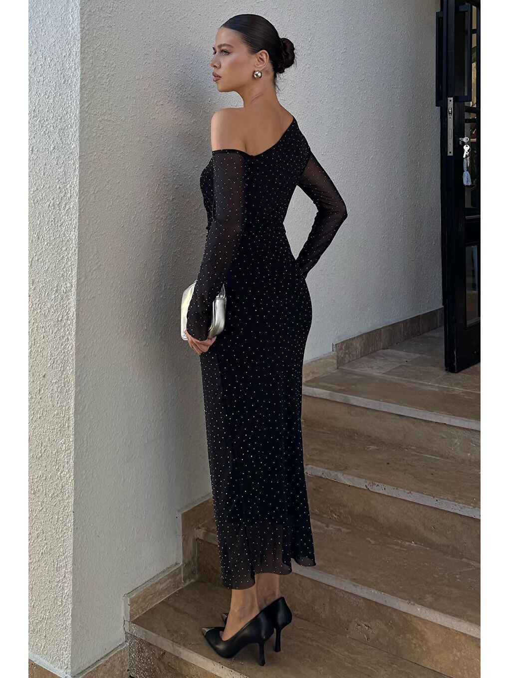 Siyah Kadın Astarlı Taşlı Tül Elbise-4