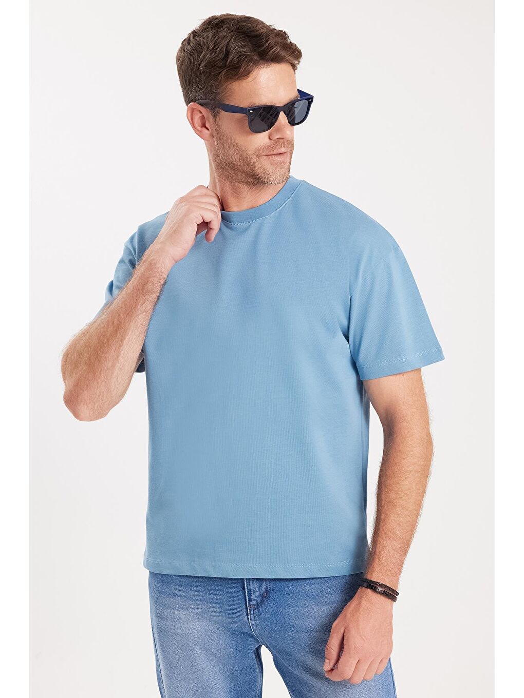 Erkek Boxy Fit Bol Kesim %100 Pamuk Bisiklet Yaka Mavi Tişört