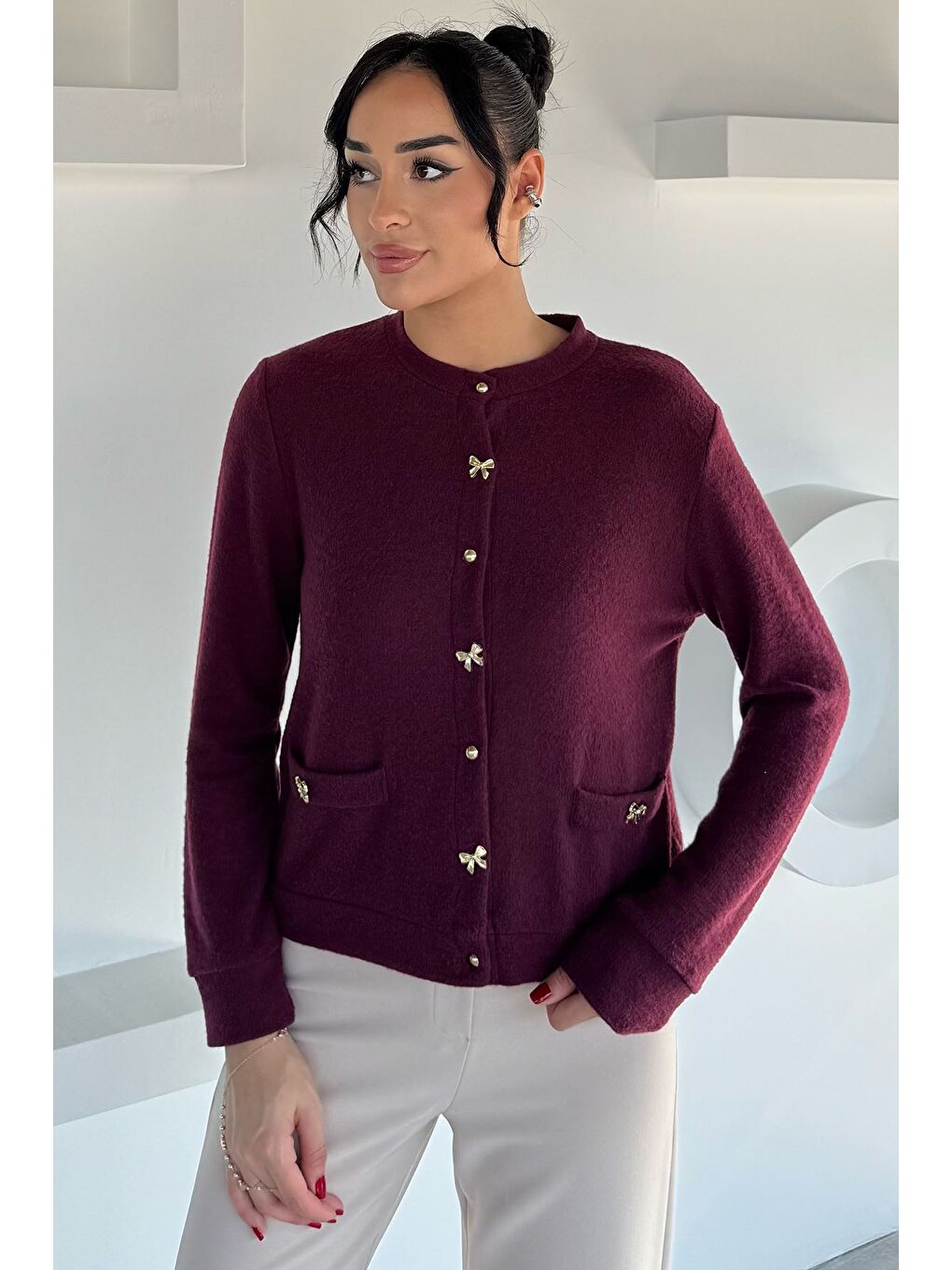 Bordo Kadın Fiyonk Düğmeli Triko Hırka-1