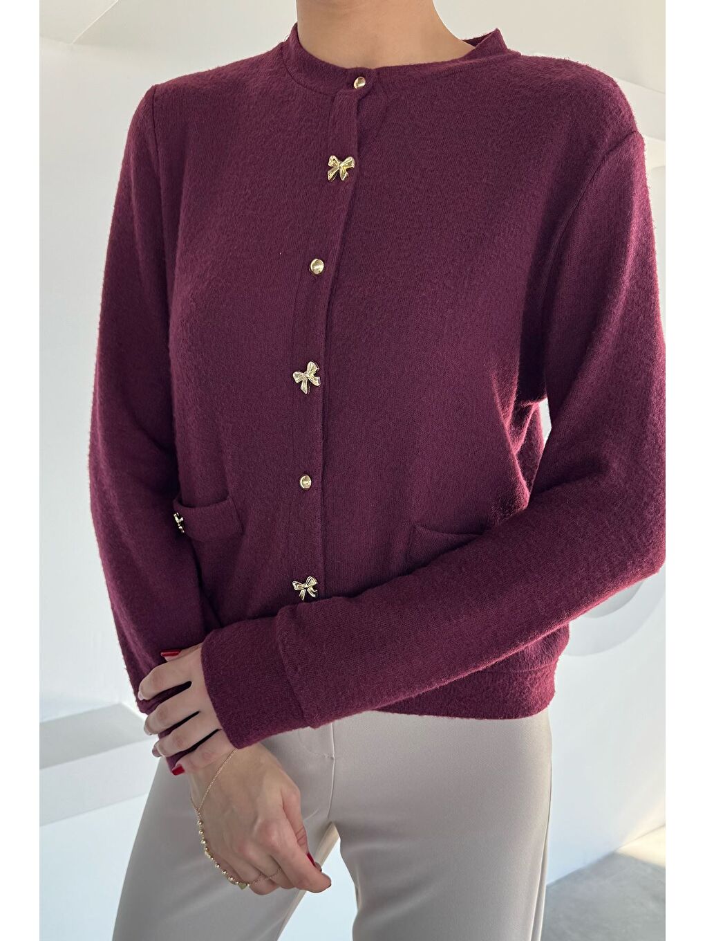 Bordo Kadın Fiyonk Düğmeli Triko Hırka-2