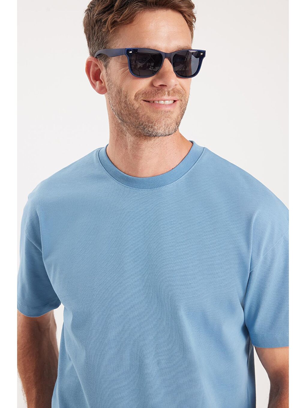 Erkek Boxy Fit Bol Kesim %100 Pamuk Bisiklet Yaka Mavi Tişört-1