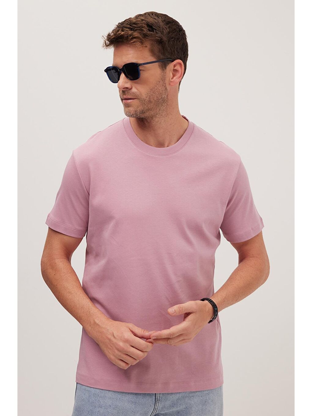 Unisex Relax Fit Rahat Kesim %100 Pamuk Yumuşak Dokulu Hafif Kalın Lila Bisiklet Yaka Tişört-4