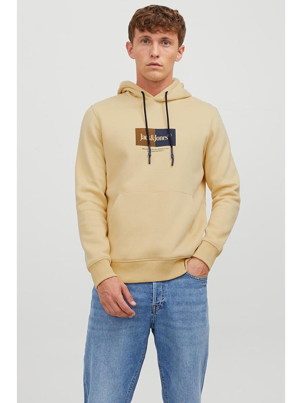 Jack & Jones Açık Sarı Jordalston Pamuklu Kapüşonlu Cepli Regular Fit Erkek Sweat 12242197