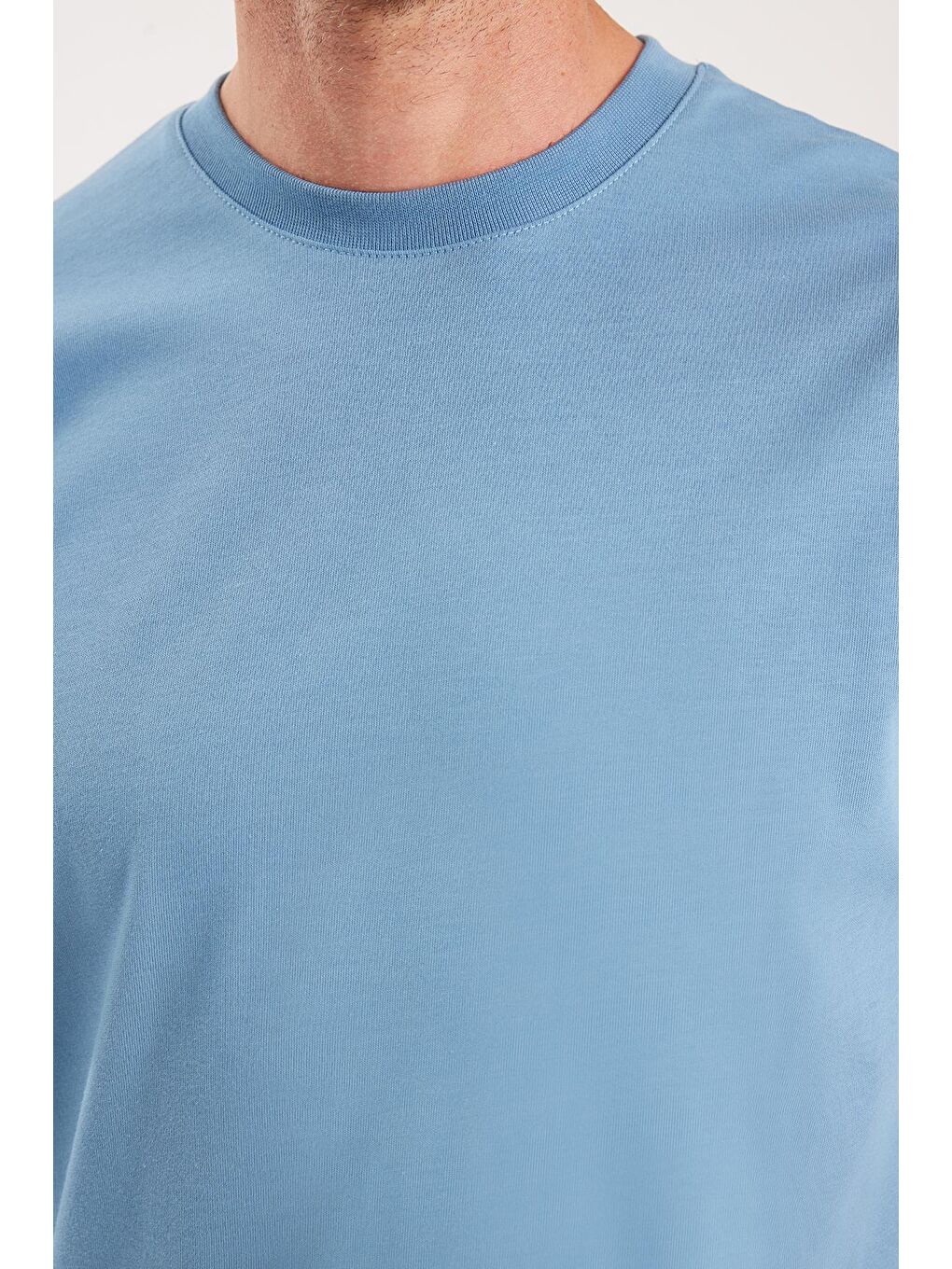 Erkek Boxy Fit Bol Kesim %100 Pamuk Bisiklet Yaka Mavi Tişört-2