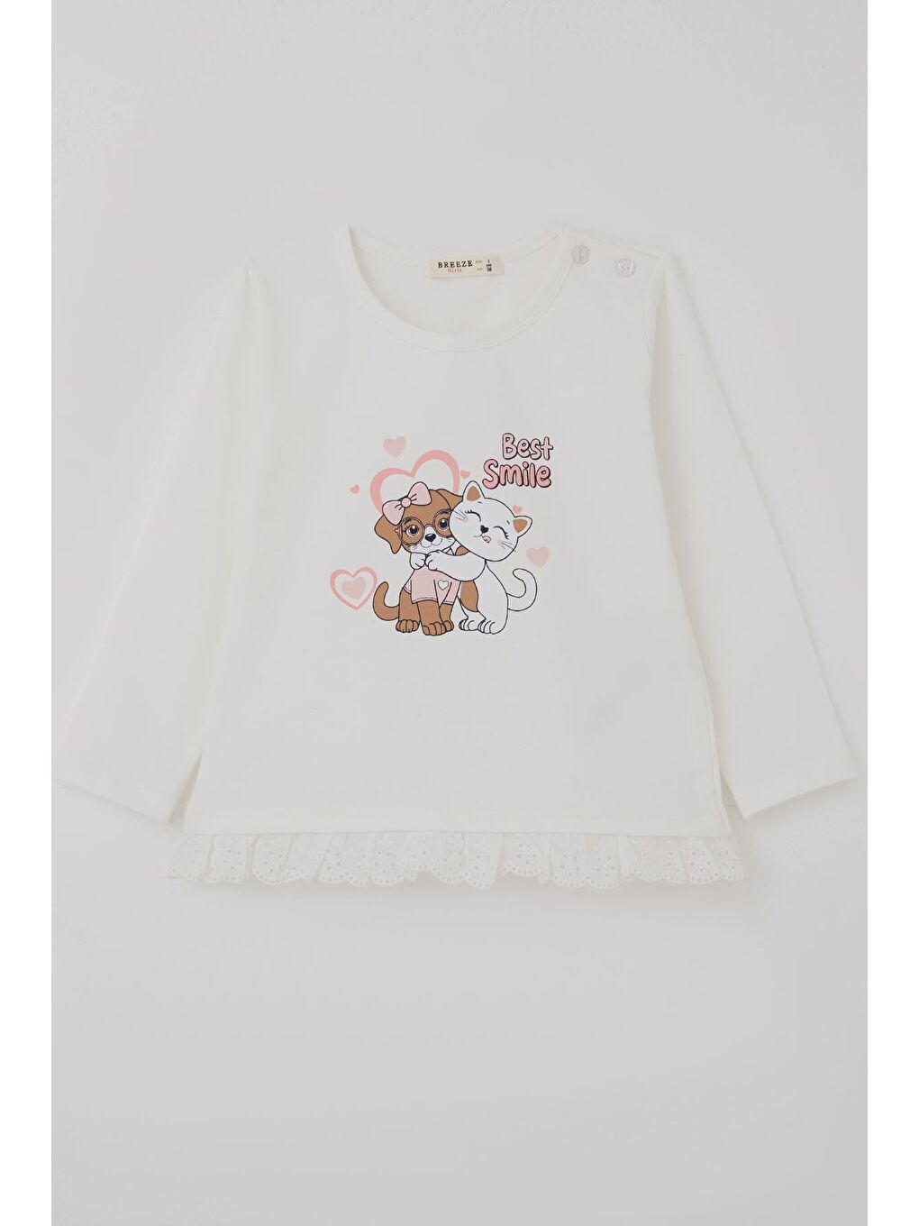 Kız Çocuk Uzun Kollu Tişört Sevimli Dostlar Güpürlü Ekru (1-4 Yaş)