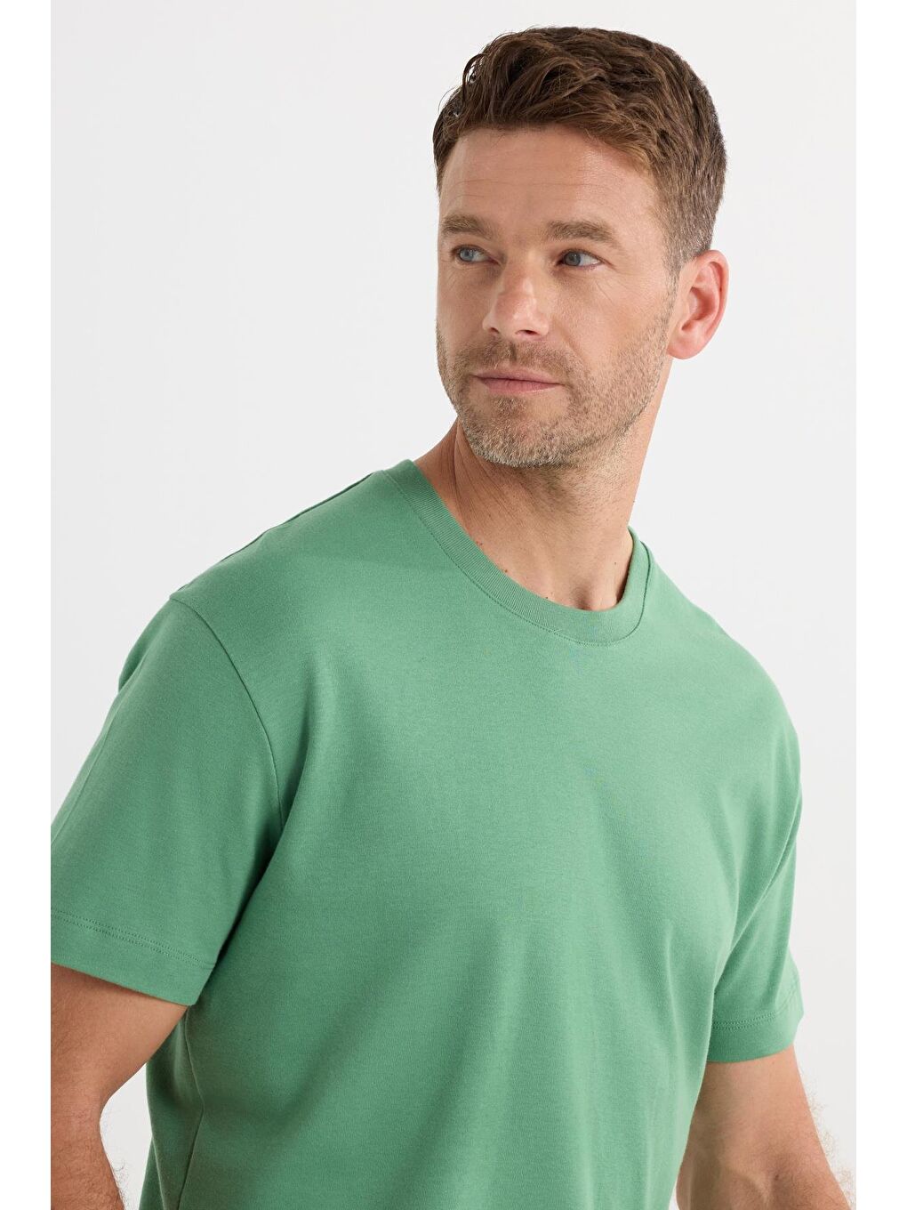 Unisex Relax Fit Rahat Kesim %100 Pamuk Yumuşak Dokulu Hafif Kalın Yeşil Bisiklet Yaka Tişört-1