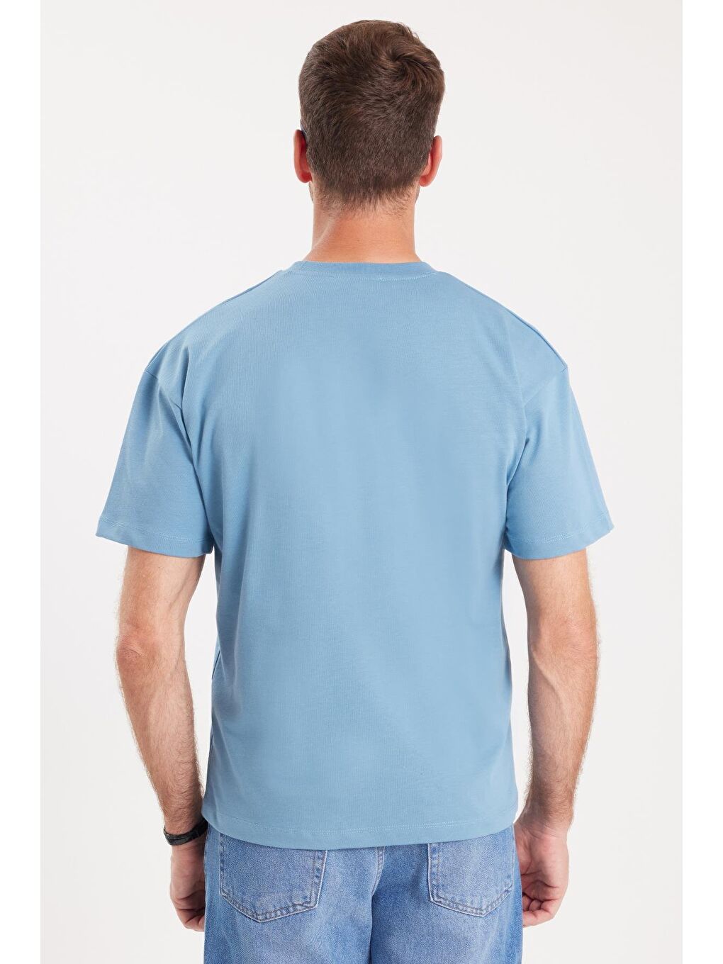 Erkek Boxy Fit Bol Kesim %100 Pamuk Bisiklet Yaka Mavi Tişört-5