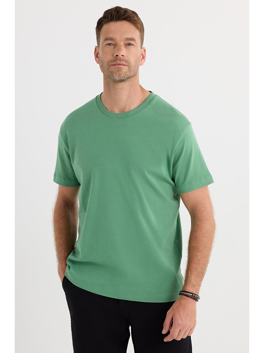 Unisex Relax Fit Rahat Kesim %100 Pamuk Yumuşak Dokulu Hafif Kalın Yeşil Bisiklet Yaka Tişört-3