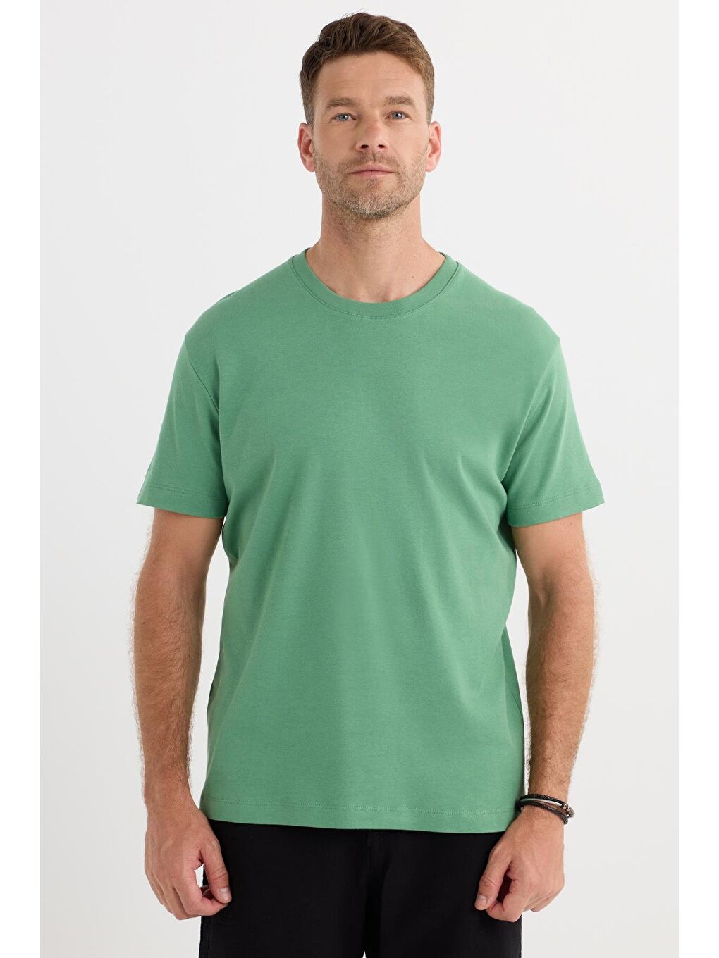 Unisex Relax Fit Rahat Kesim %100 Pamuk Yumuşak Dokulu Hafif Kalın Yeşil Bisiklet Yaka Tişört-4