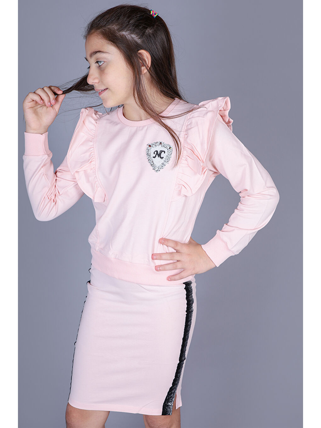 Pembe Kız Çocuk NC Nakışlı Etekli Takım-1