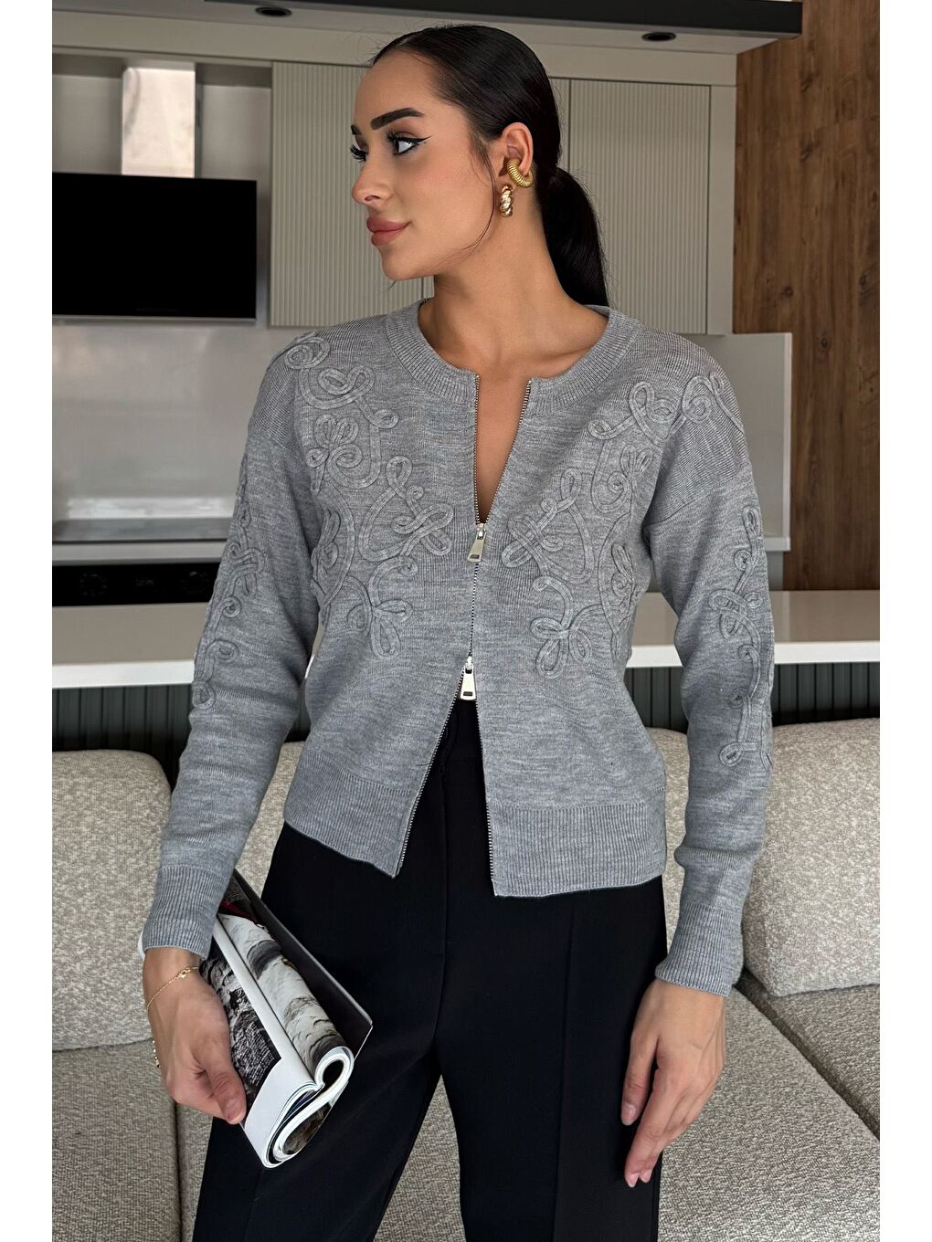 Gri Kadın Fermuarlı Triko Hırka (s-m-l Uyumludur)