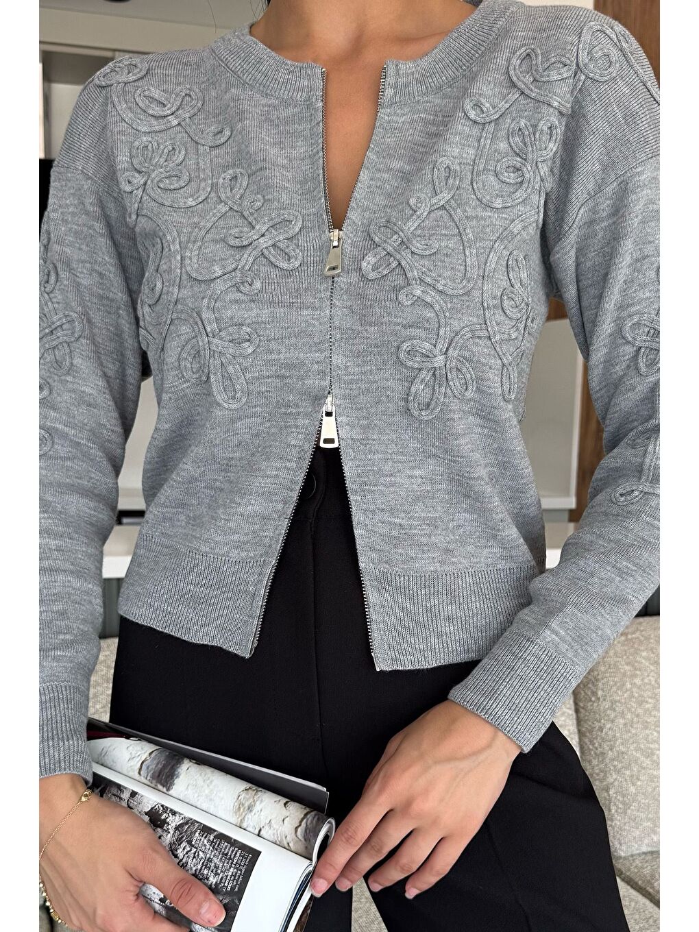 Gri Kadın Fermuarlı Triko Hırka (s-m-l Uyumludur)-1