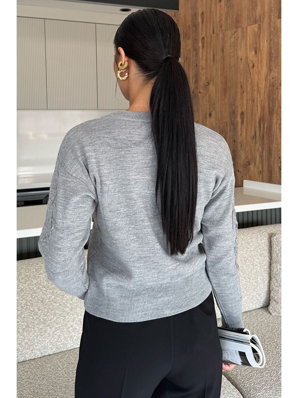 Gri Kadın Fermuarlı Triko Hırka (s-m-l Uyumludur)-2