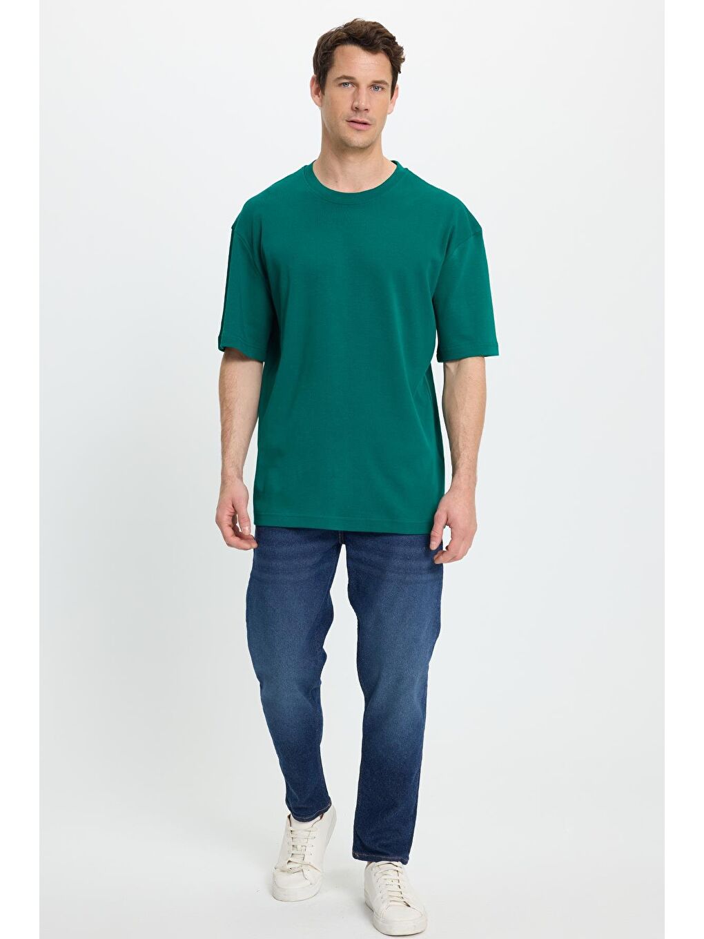 Unisex Oversize Geniş Kesim %100 Pamuk Yumuşak Dokulu Basic Bisiklet Yaka Yeşil Tişört-3