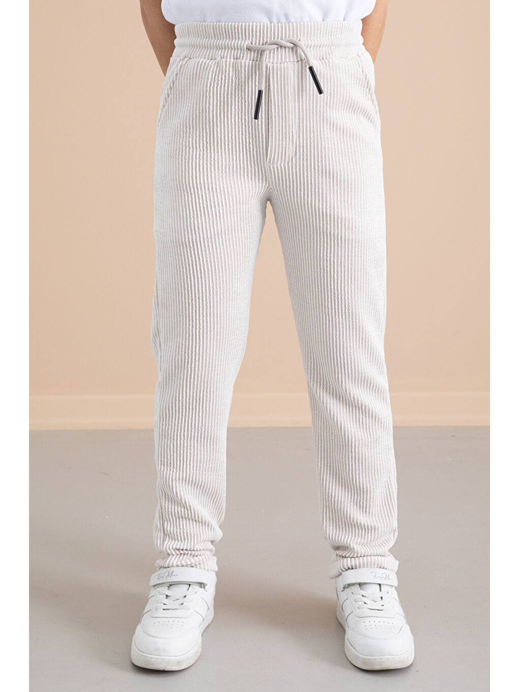 Ekru Fitilli Krem Çizgili Erkek Çocuk Beli Lastikli Pantolon 20378