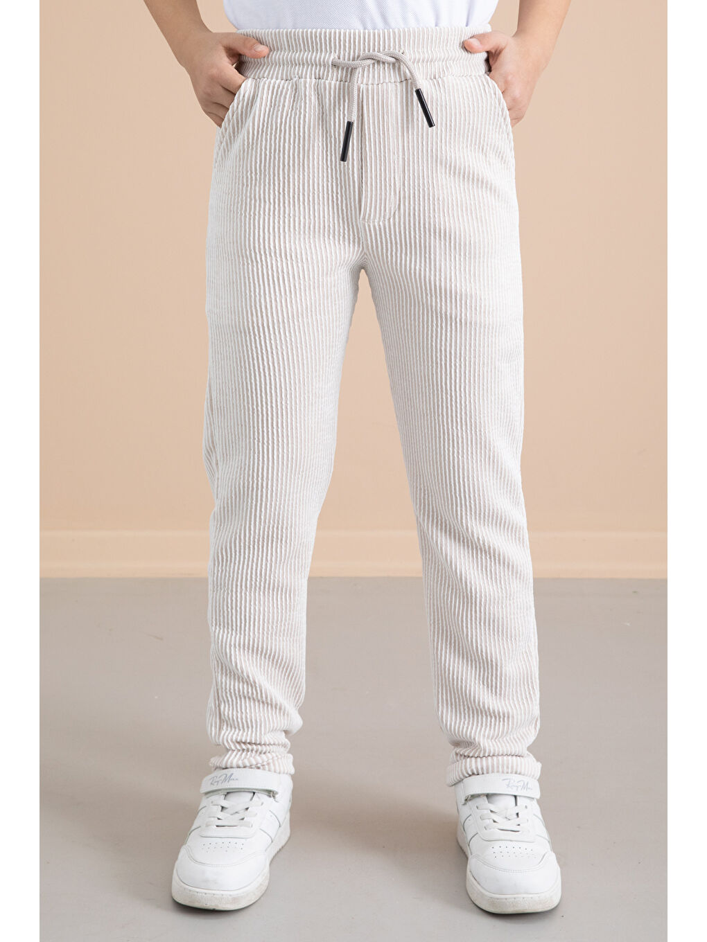 Ekru Fitilli Krem Çizgili Erkek Çocuk Beli Lastikli Pantolon 20378-1