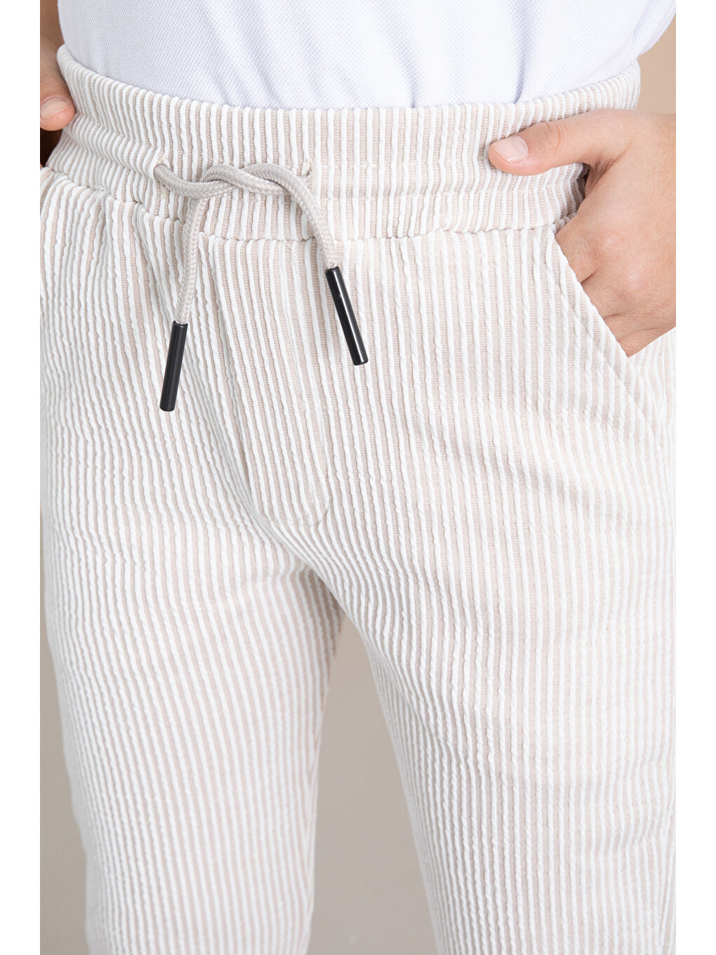 Ekru Fitilli Krem Çizgili Erkek Çocuk Beli Lastikli Pantolon 20378-2