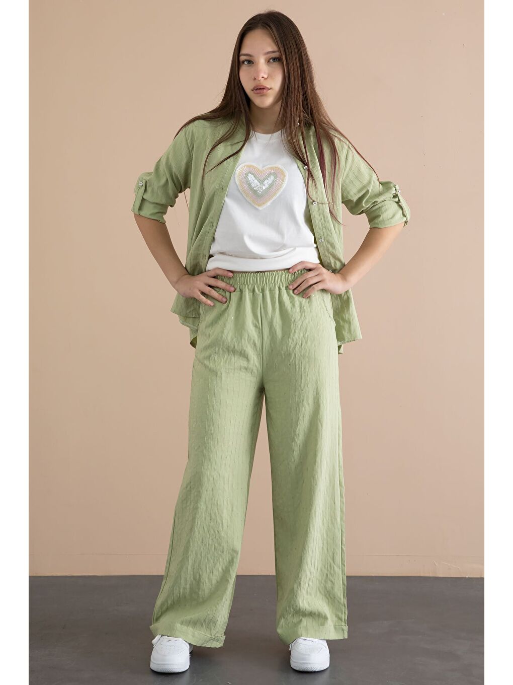 Yeşil Çizgi Desen Gömlekli Geniş Paça Pantolonlu Badili Kız Çocuk 3lü Takım 24079-3
