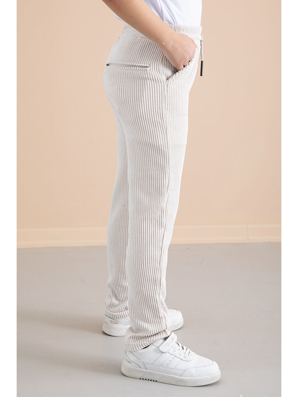 Ekru Fitilli Krem Çizgili Erkek Çocuk Beli Lastikli Pantolon 20378-3