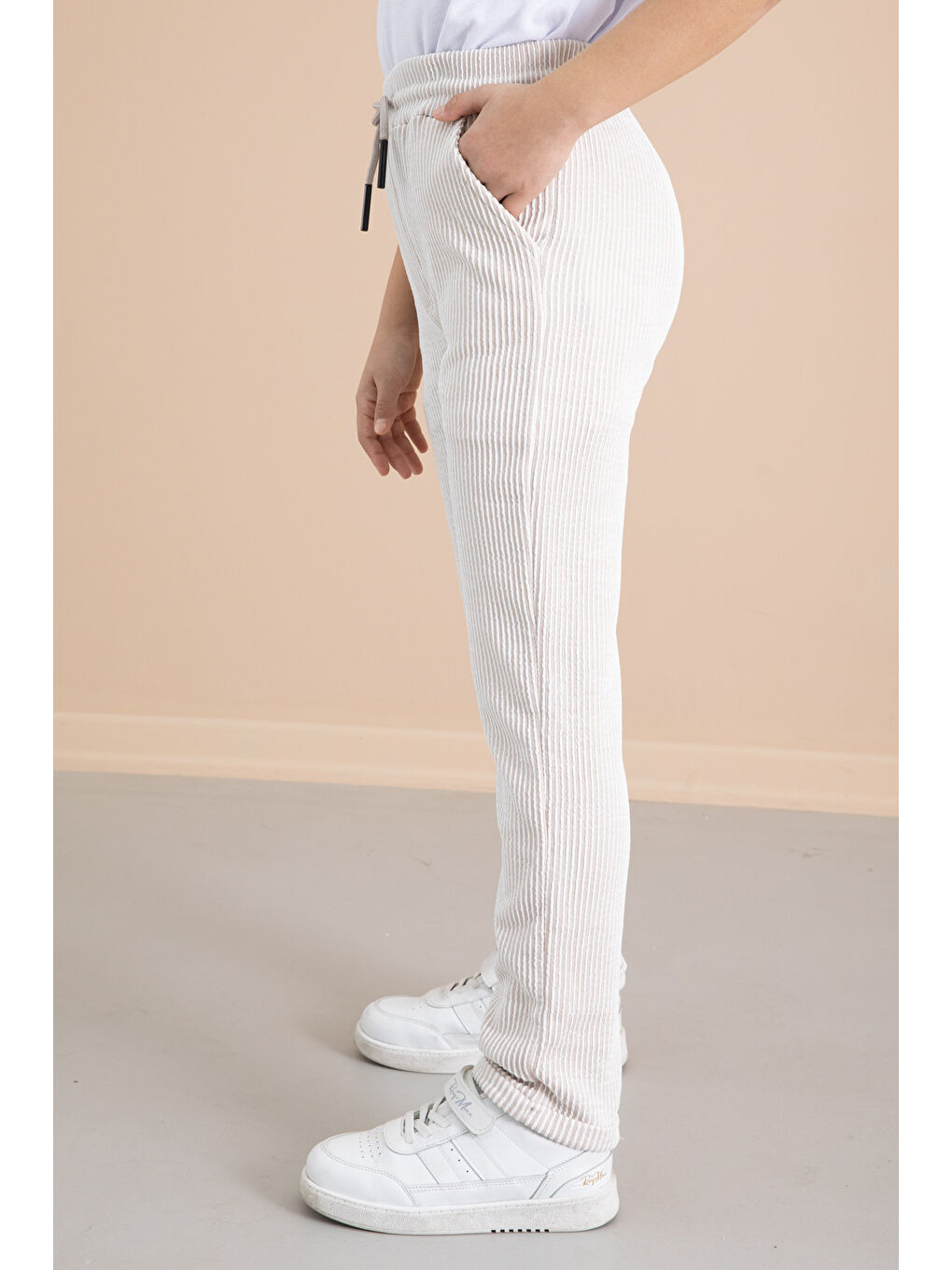 Ekru Fitilli Krem Çizgili Erkek Çocuk Beli Lastikli Pantolon 20378-4