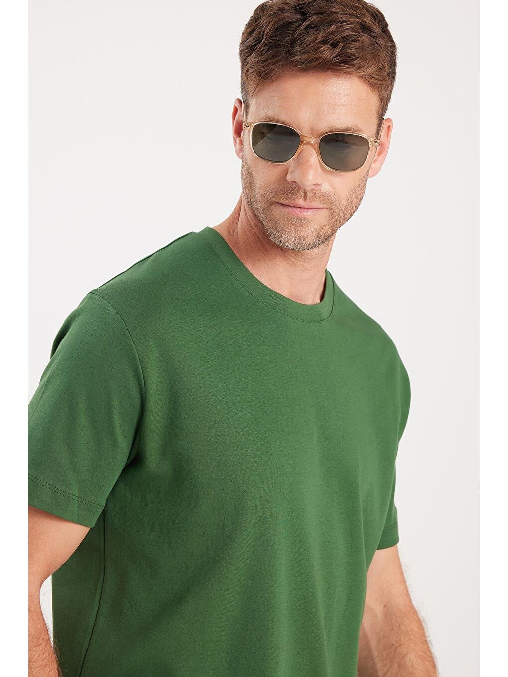 Unisex Relax Fit Rahat Kesim %100 Pamuk Yumuşak Dokulu Hafif Kalın Koyu Yeşil Bisiklet Yaka Tişört-1