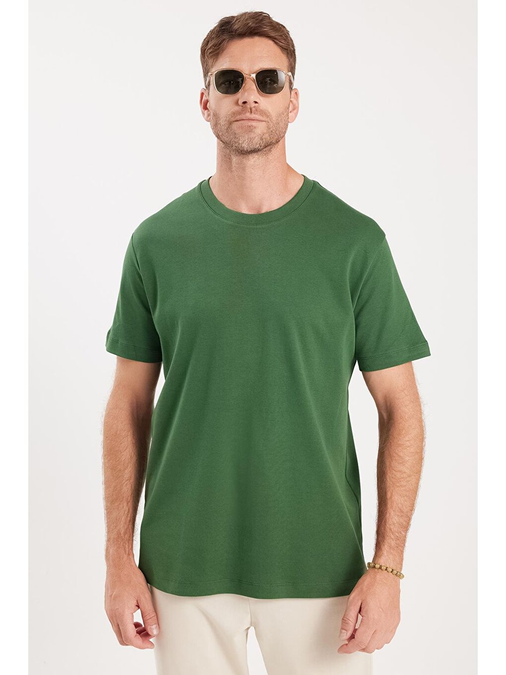 Unisex Relax Fit Rahat Kesim %100 Pamuk Yumuşak Dokulu Hafif Kalın Koyu Yeşil Bisiklet Yaka Tişört-3