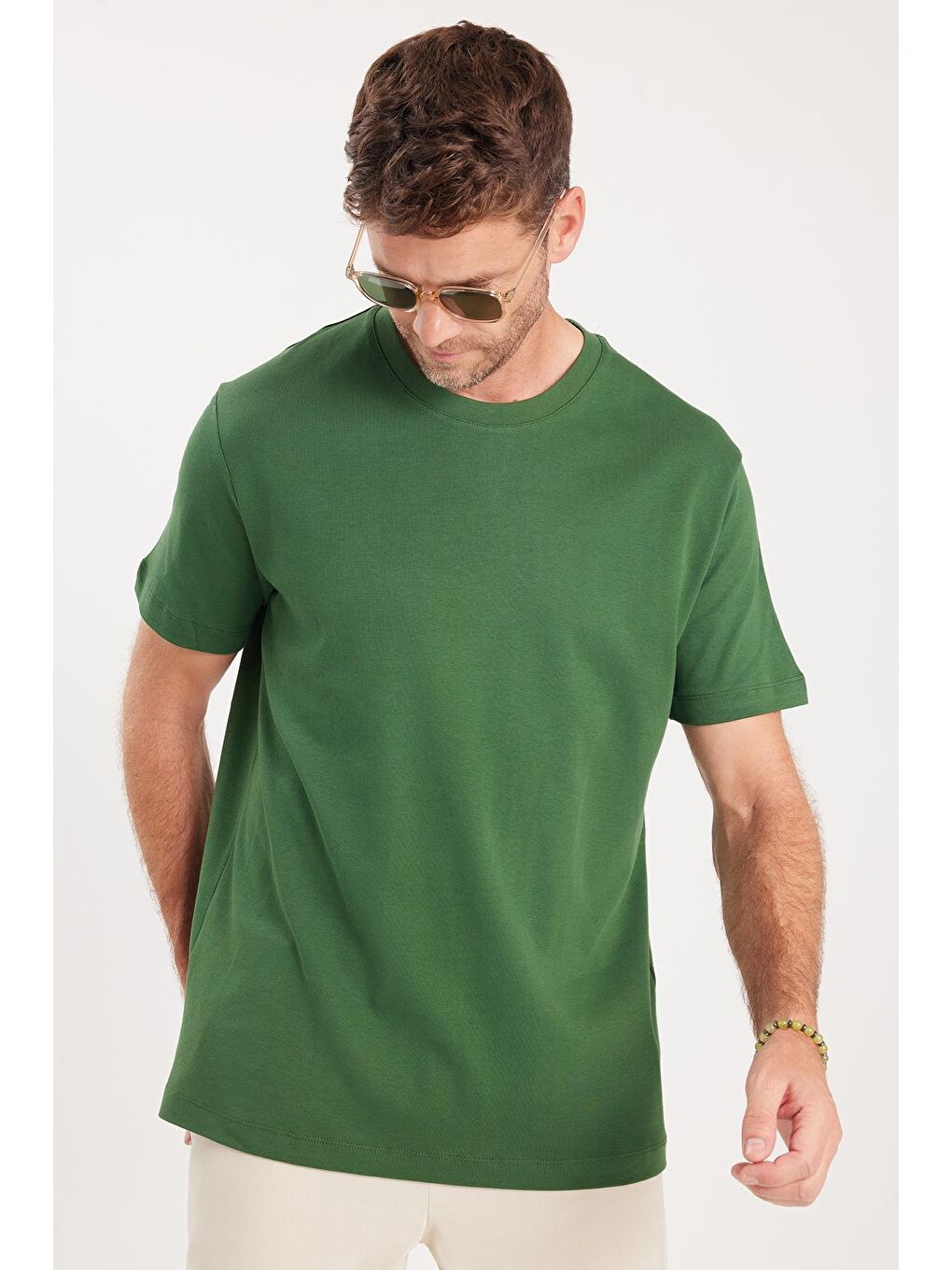 Unisex Relax Fit Rahat Kesim %100 Pamuk Yumuşak Dokulu Hafif Kalın Koyu Yeşil Bisiklet Yaka Tişört-4