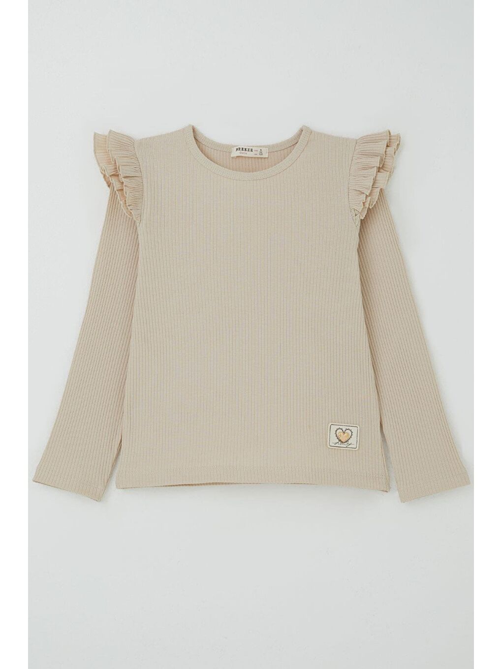 Kız Çocuk Uzun Kollu Tişört Kalp Arma Detaylı Omzu Fırfırlı Bej (5-10 Yaş)
