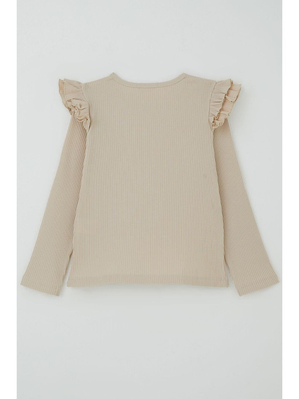 Kız Çocuk Uzun Kollu Tişört Kalp Arma Detaylı Omzu Fırfırlı Bej (5-10 Yaş)-1