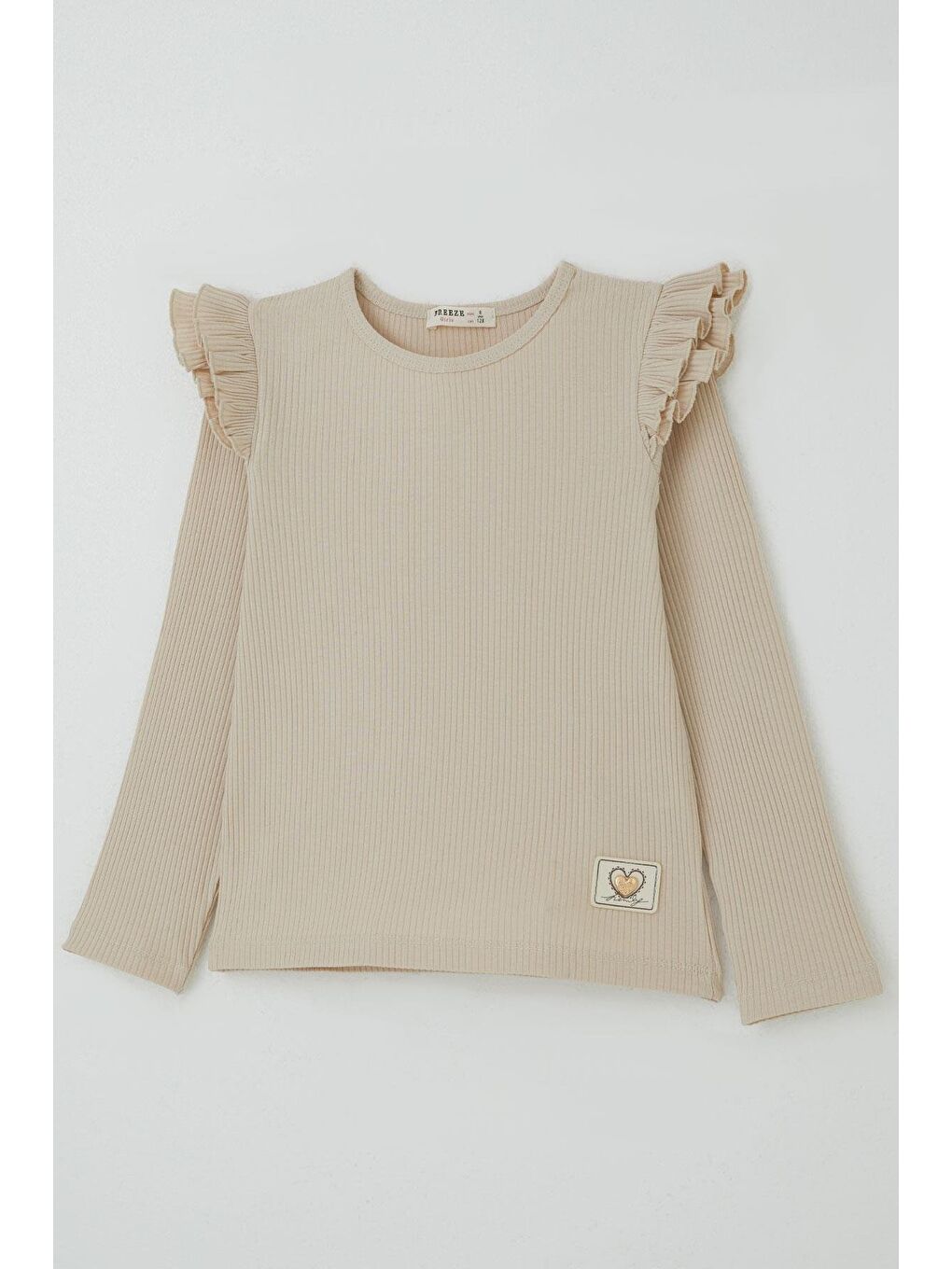 Kız Çocuk Uzun Kollu Tişört Kalp Arma Detaylı Omzu Fırfırlı Bej (5-10 Yaş)-2