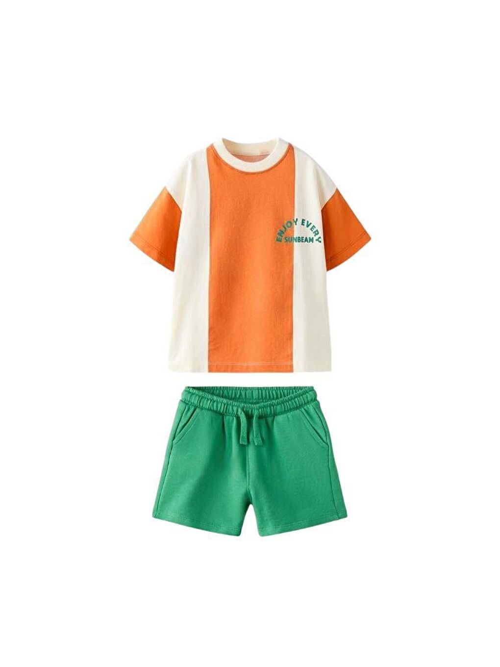 Karışık Erkek Çocuk Pamuklu Yeşil Turuncu Sloganlı T-Shirt Ve Şort Takım – Sunbeam Yazısı Detaylı-2