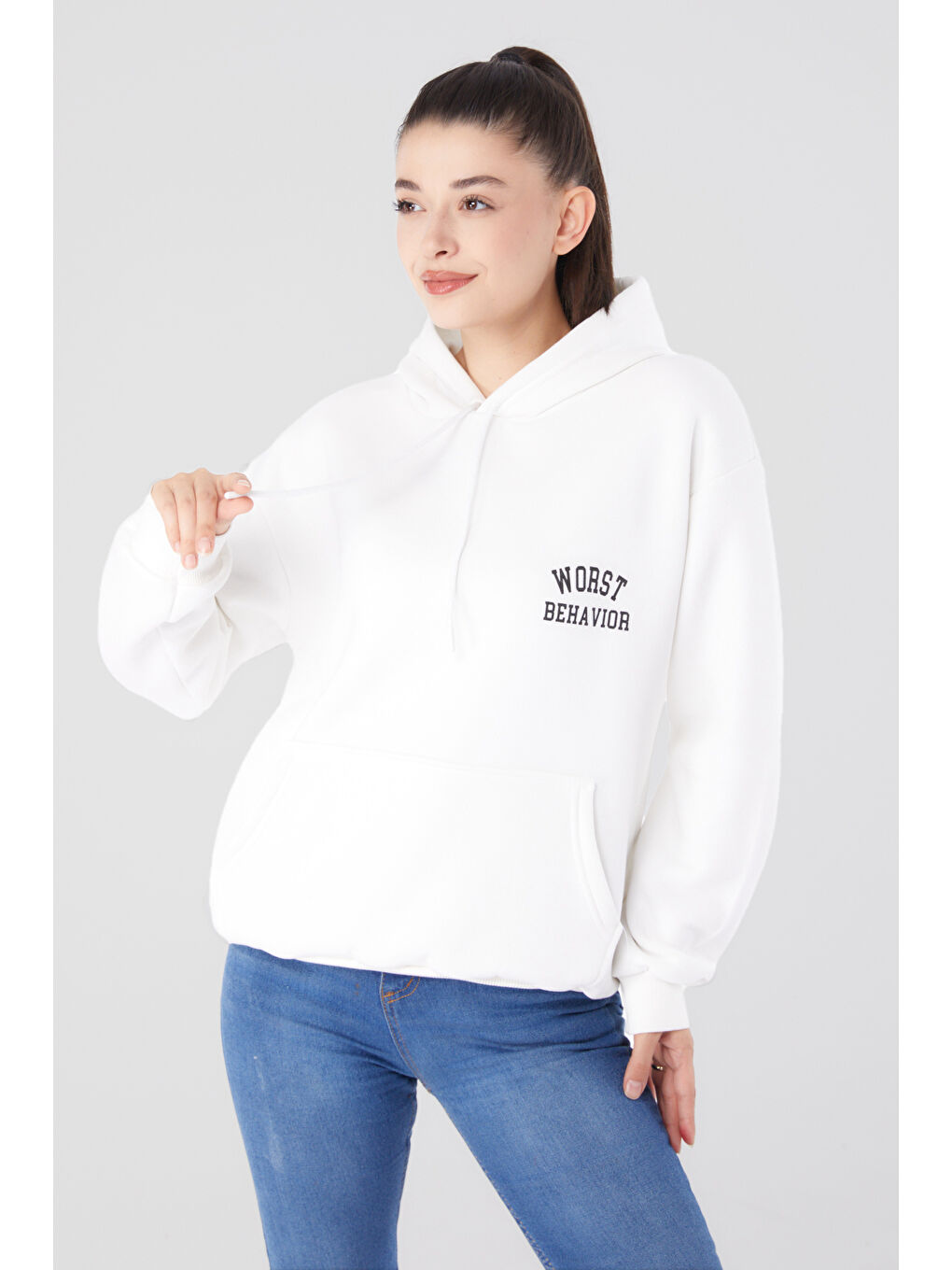 TOFİSA Düz Kapüşonlu Yaka Kadın Ekru Baskılı Sweatshirt   26279